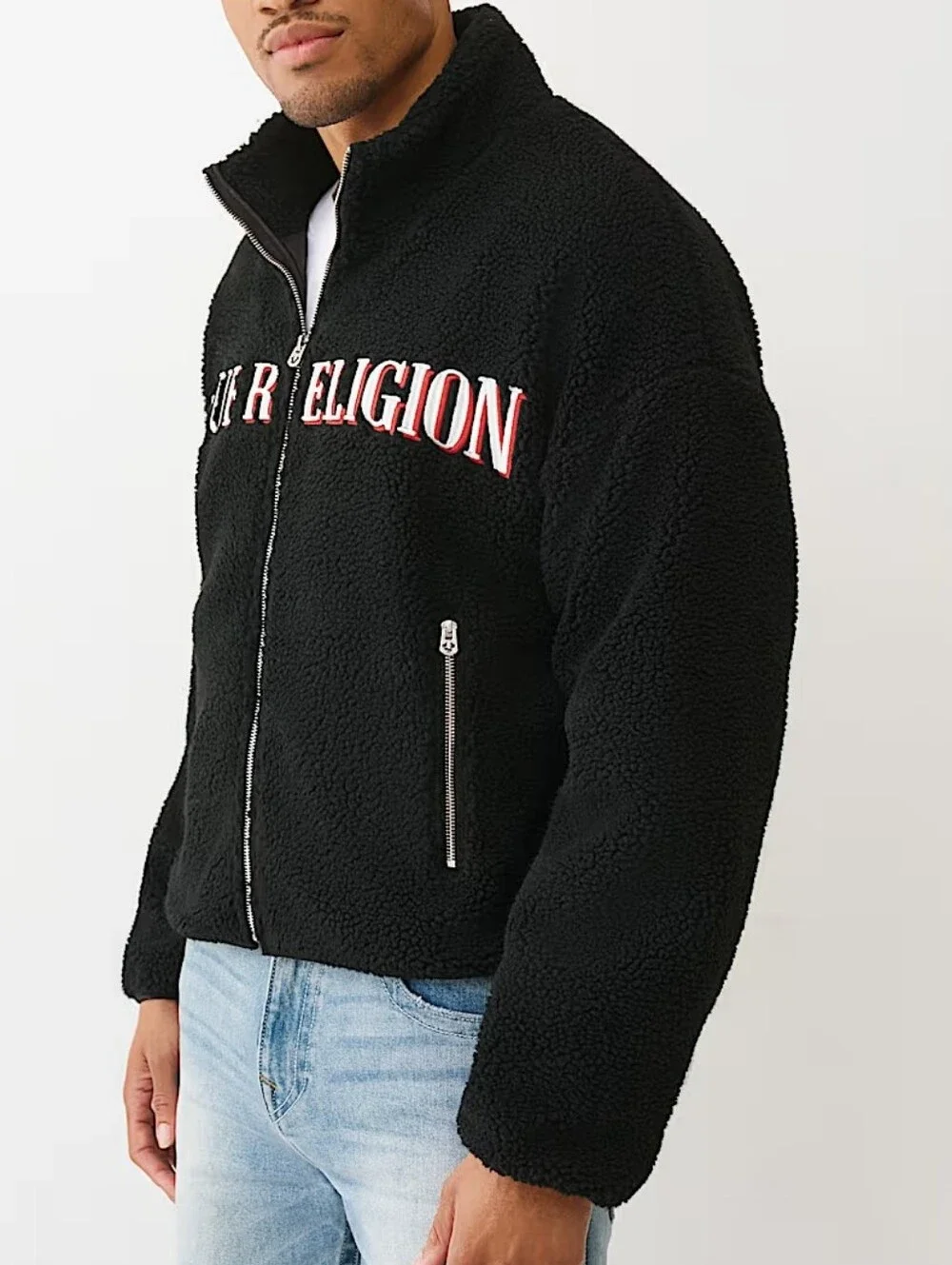 NWT True Religion Sherpa Logo Jacket Full Zip Black